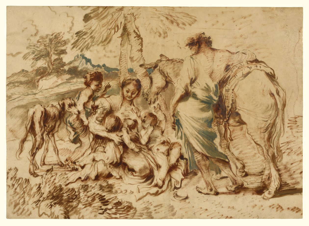 Eine Familie in einer Wüstenlandschaft door Giovanni Benedetto Castiglione