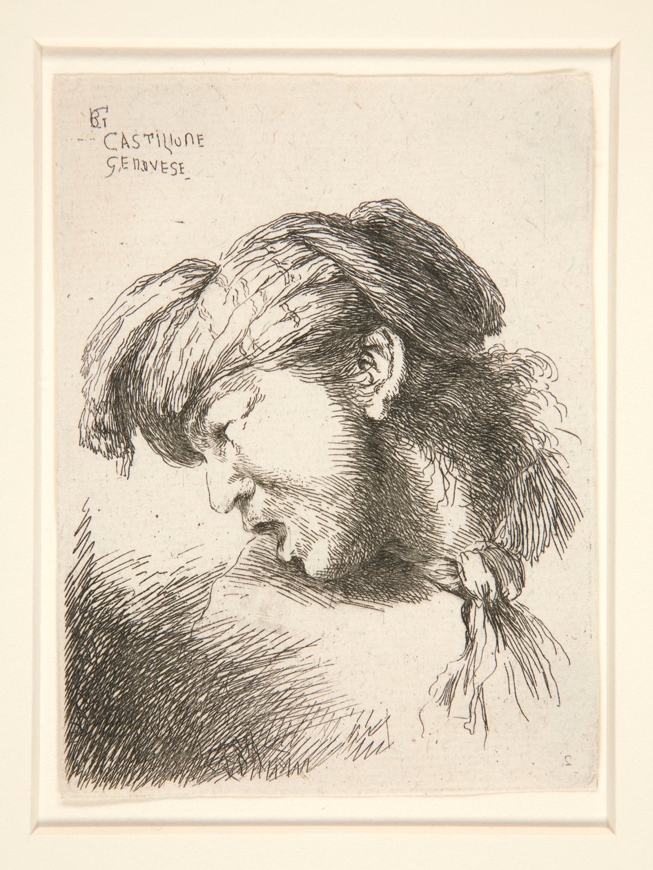 Een man zonder baard, gezien in profiel en naar rechts gedraaid. Zijn mond is open alsof hij wil schreeuwen, uit de serie Les petites tetes door Giovanni Benedetto Castiglione