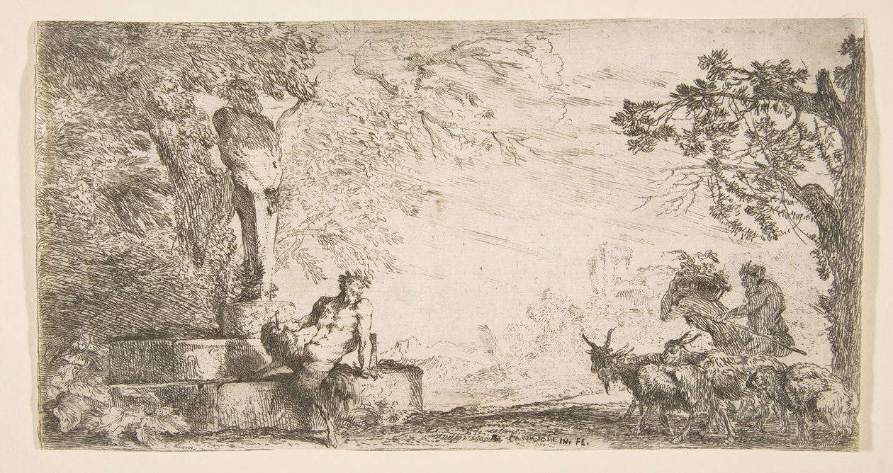 Een sater liggend aan de voet van een standbeeld van Priapus, geiten aan de rechterkant, ca. 1645-48 door Giovanni Benedetto Castiglione