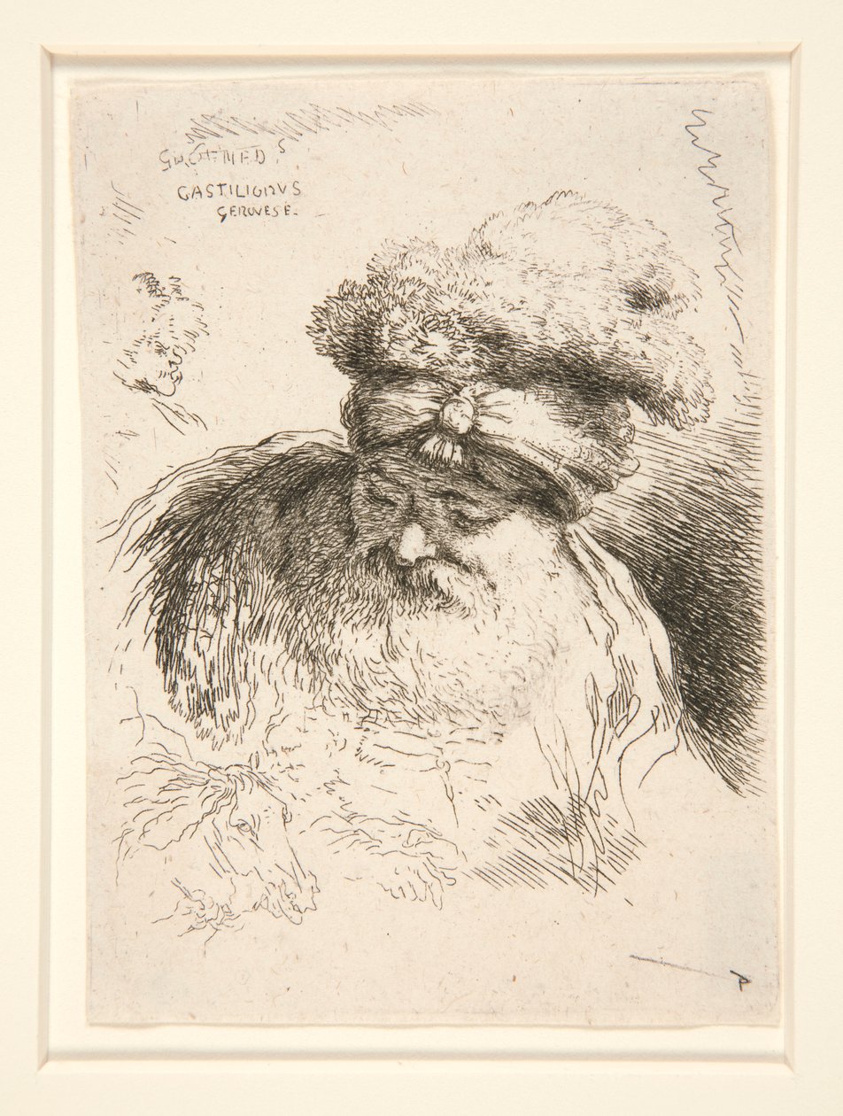 Een oude man met een grote baard, gezien van voren, zijn hoofd en ogen neergeslagen, uit de serie Les petites tetes d door Giovanni Benedetto Castiglione
