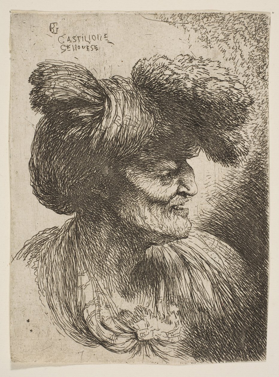 Buste van een oude man zonder baard in profiel naar rechts, uit de serie Kleine Hoofden door Giovanni Benedetto Castiglione