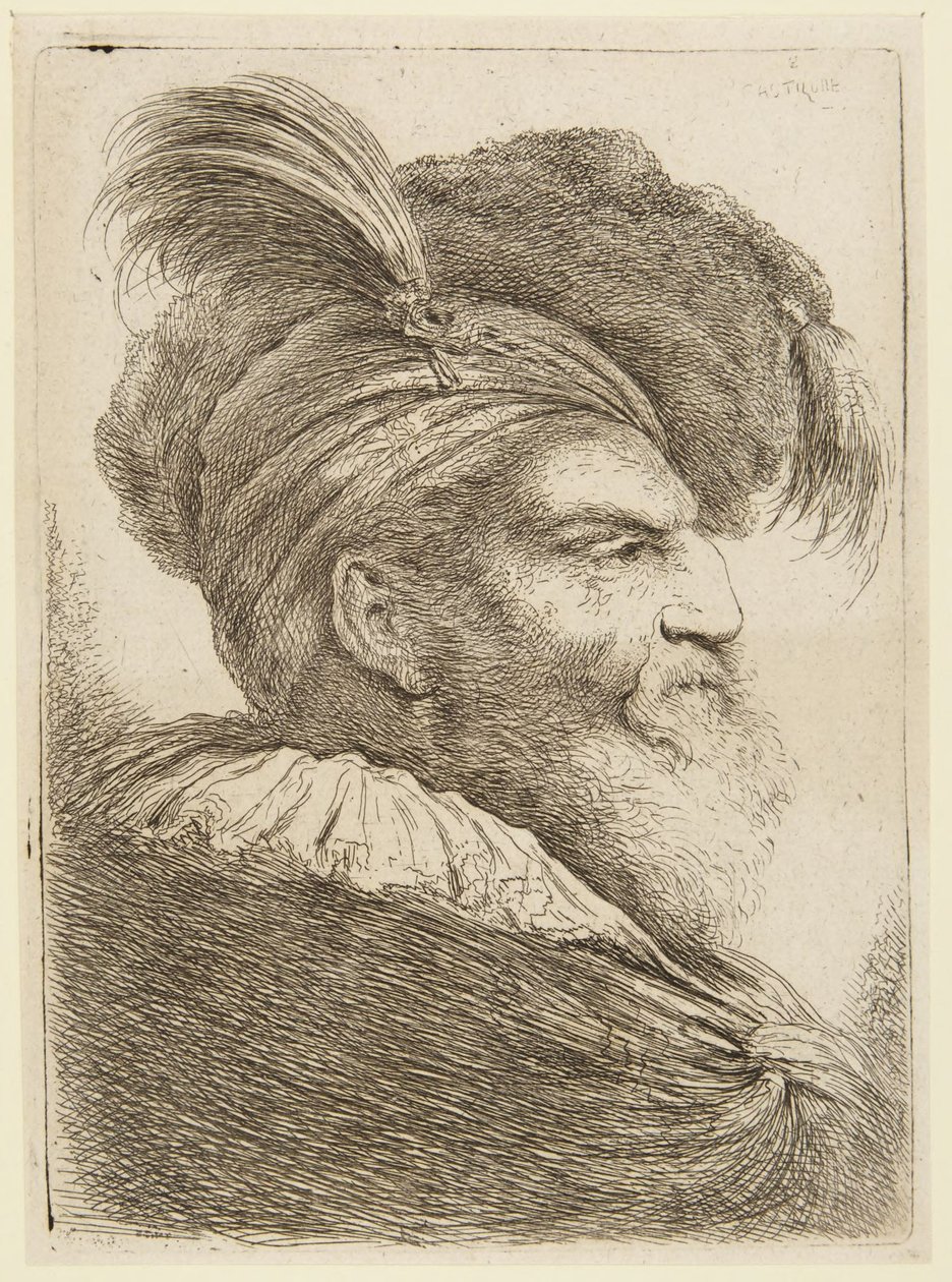 Kop van een bebaarde man met gevederde hoed door Giovanni Benedetto Castiglione