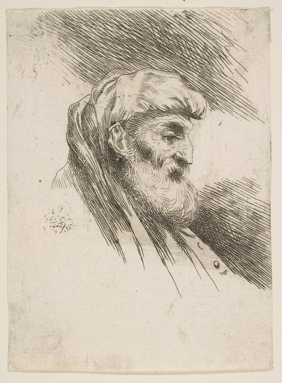 Hoofd van een oude bebaarde man naar rechts, uit de serie Kleine Hoofden in Oriënt..., ca. 1645-1650 door Giovanni Benedetto Castiglione