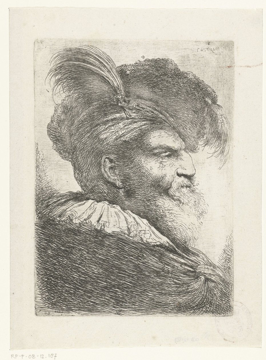 Hoofd van een man met tulband en bontmuts door Giovanni Benedetto Castiglione
