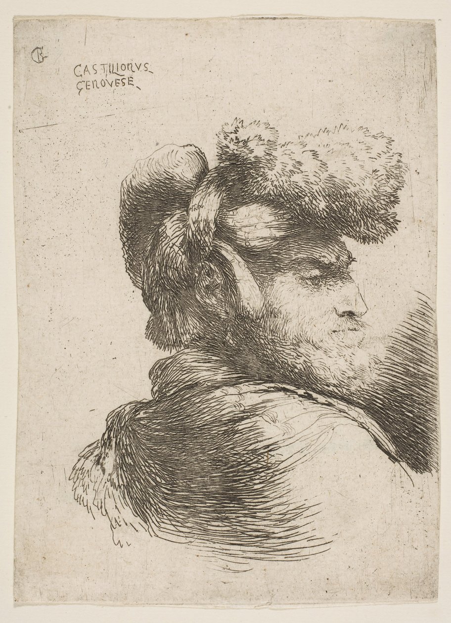 Man in profiel naar rechts, met een bontmuts, uit de serie Kleine Hoofden, ca. 1645-1650 door Giovanni Benedetto Castiglione