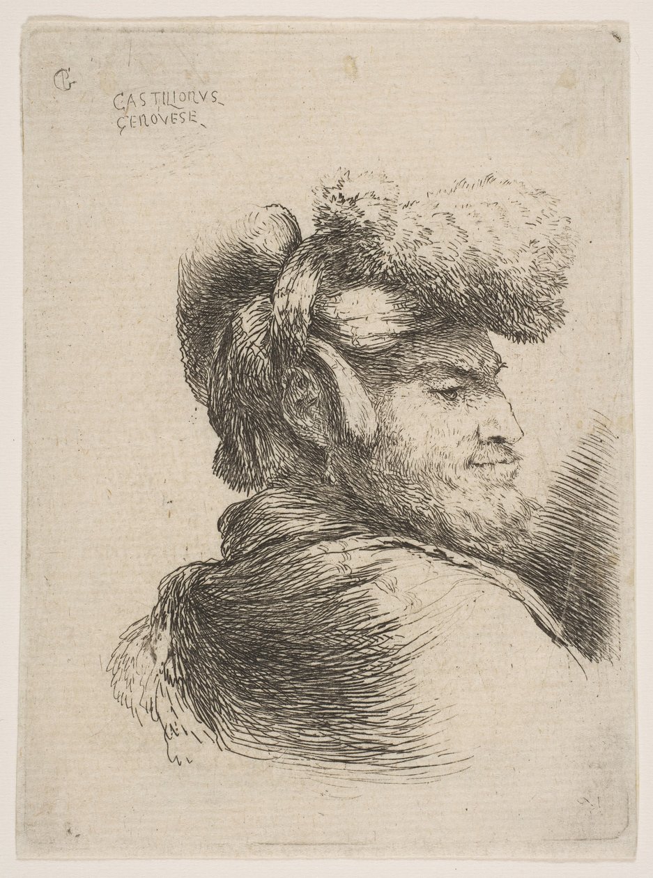Man in profiel naar rechts, met een bontmuts, uit de serie van Kleine Hoofden in Orië... door Giovanni Benedetto Castiglione