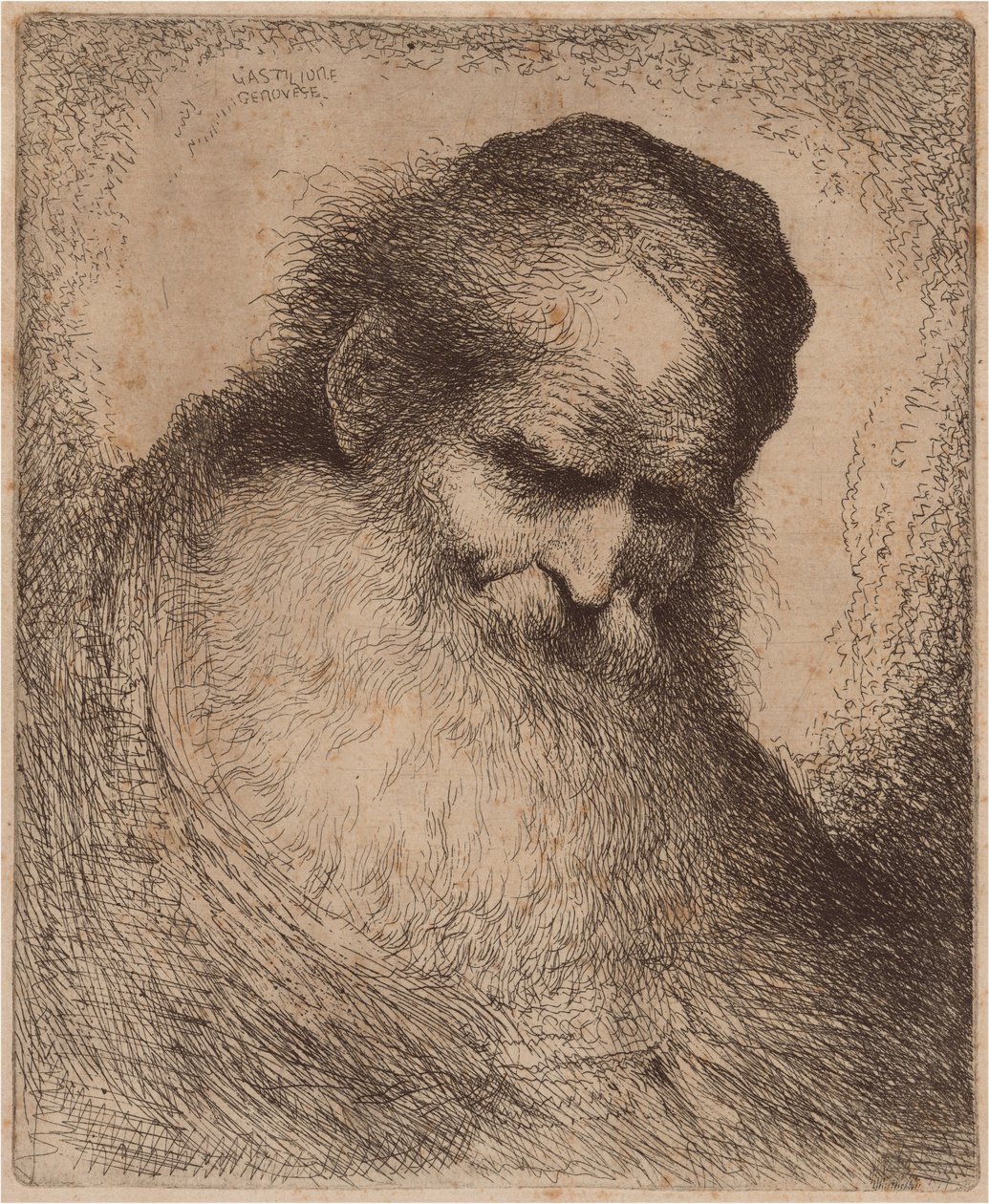 Oude man met een lange baard en schedelmuts, voorover leunend door Giovanni Benedetto Castiglione