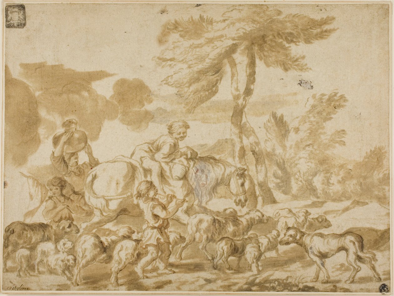 Boerenfamilie met schapen en hond door Giovanni Benedetto Castiglione