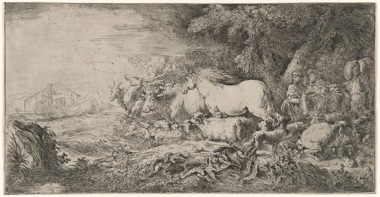De dieren op weg naar de ark door Giovanni Benedetto Castiglione