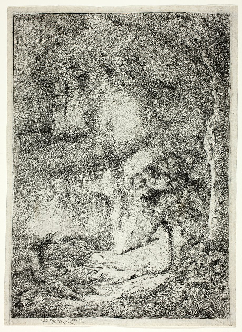 De lichamen van de heiligen Petrus en Paulus verborgen in de catacomben door Giovanni Benedetto Castiglione
