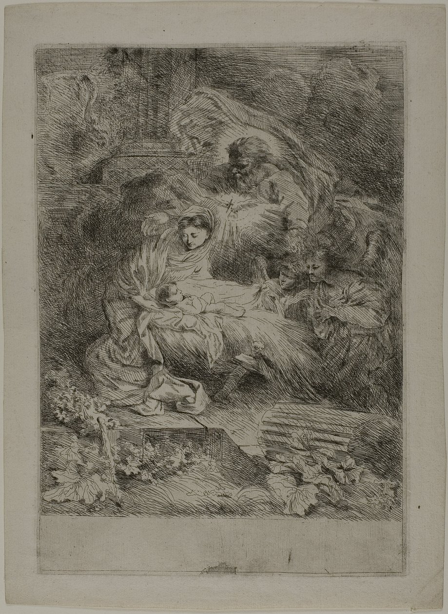 De geboorte met God de Vader en engelen door Giovanni Benedetto Castiglione