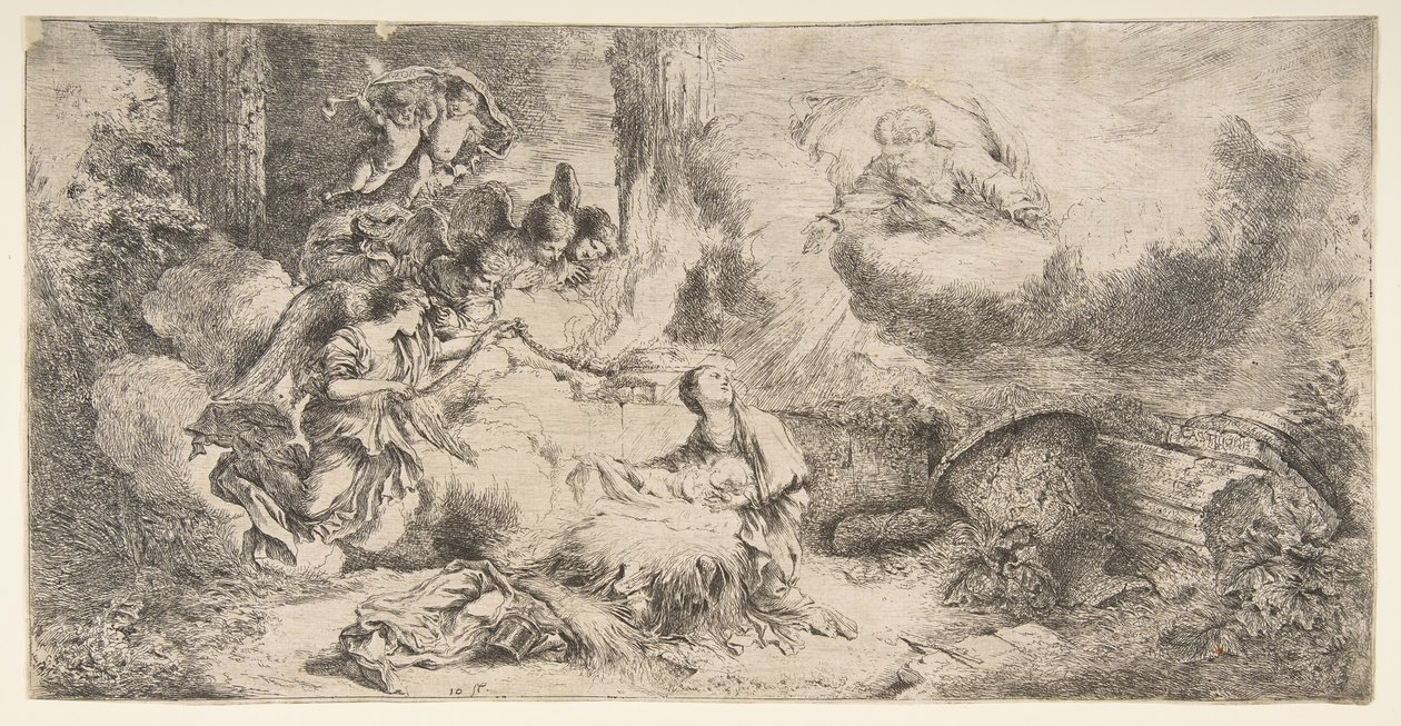 De Maagd en het Kind, God de Vader rechtsboven, engelen links door Giovanni Benedetto Castiglione