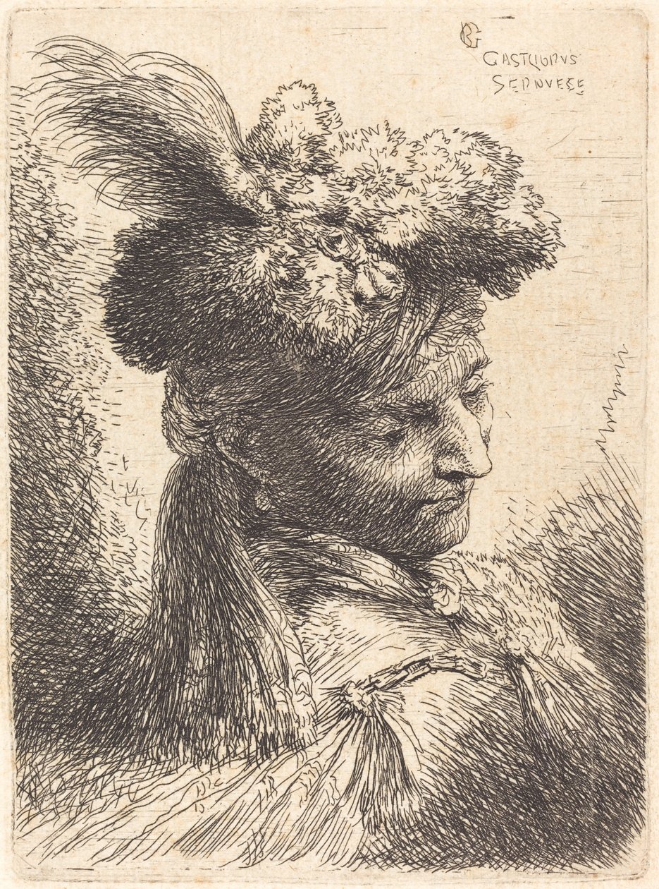 Jonge Man met een Bont Hoofddeksel met een Hoofdband, naar Rechts Gekeerd door Giovanni Benedetto Castiglione