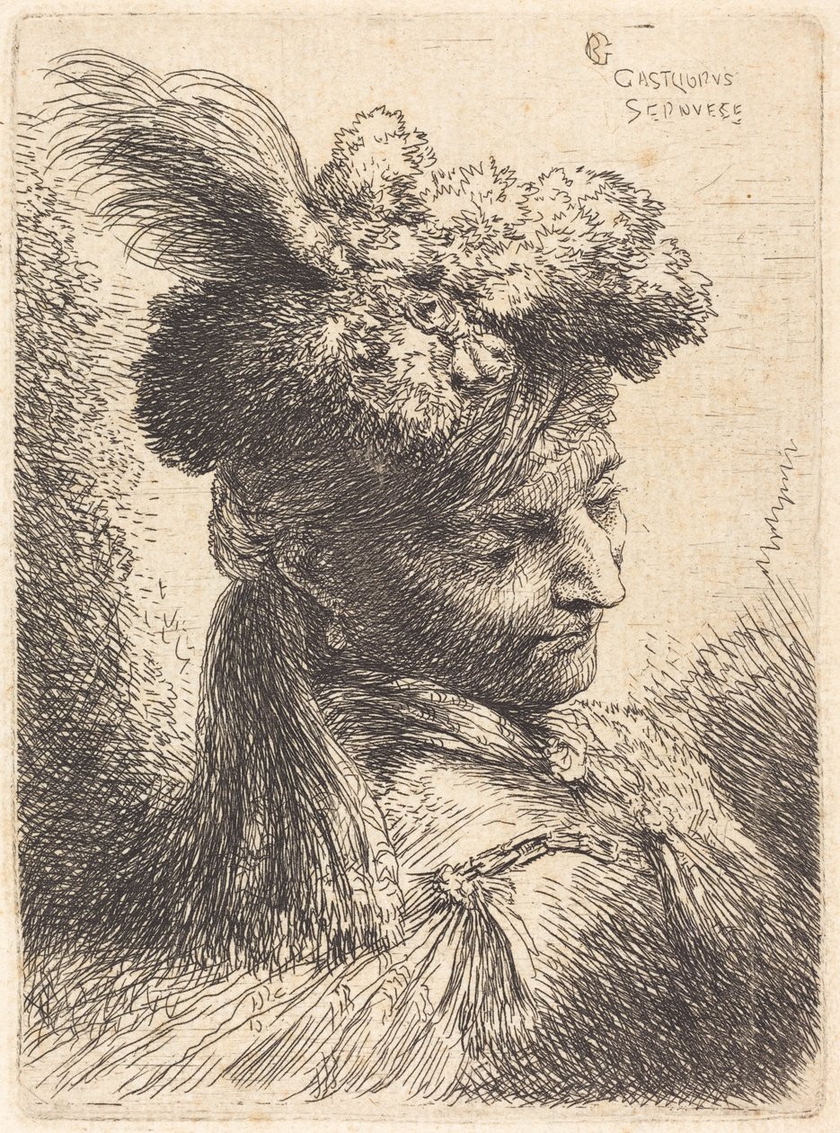 Jonge man met een bonten hoofddeksel en een hoofdband, naar rechts gewend door Giovanni Benedetto Castiglione