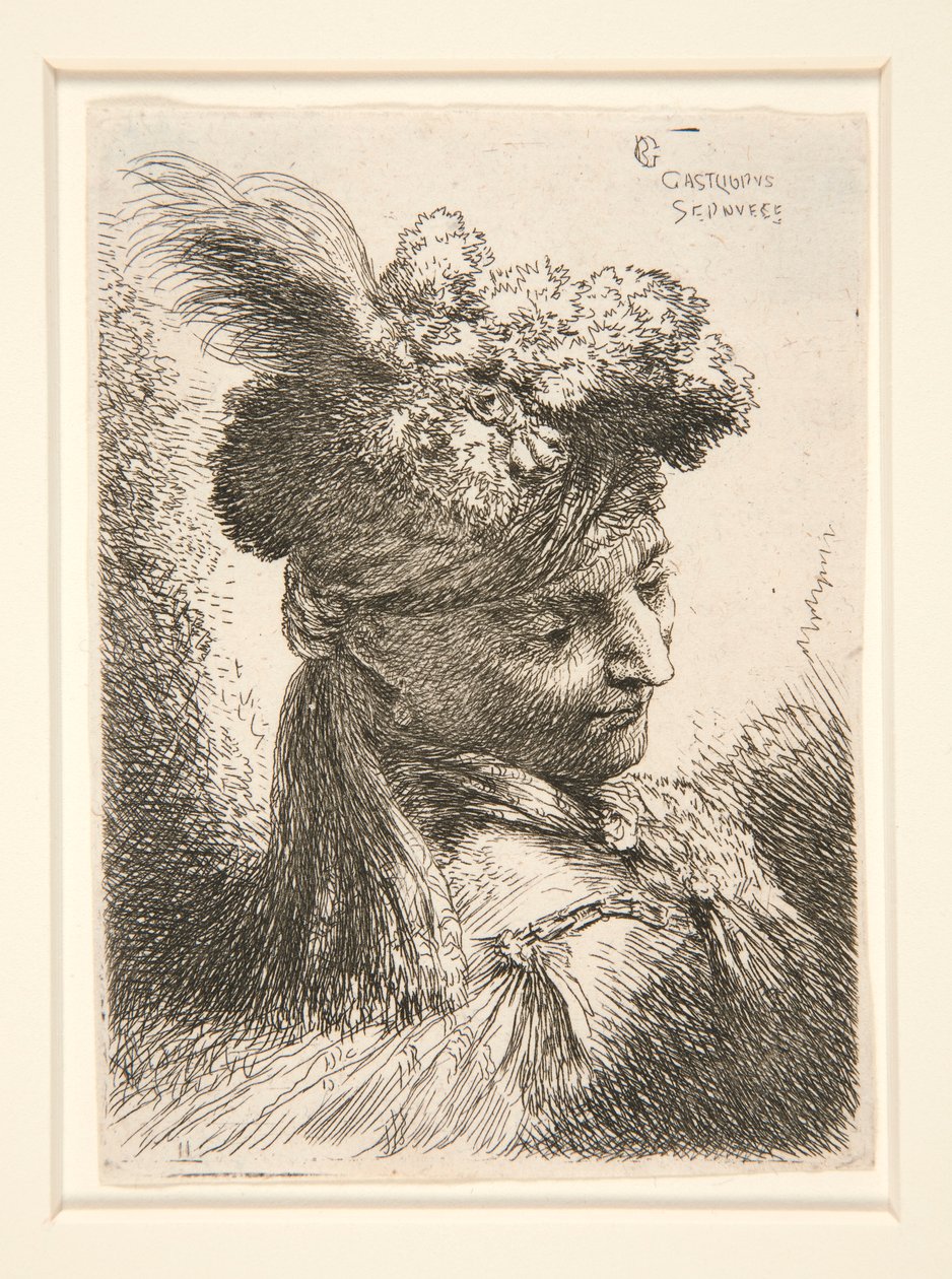 Jonge Man zonder Baard, gezien in 3/4 aanzicht, naar rechts gedraaid, naar beneden kijkend, uit de serie Les petites têtes door Giovanni Benedetto Castiglione