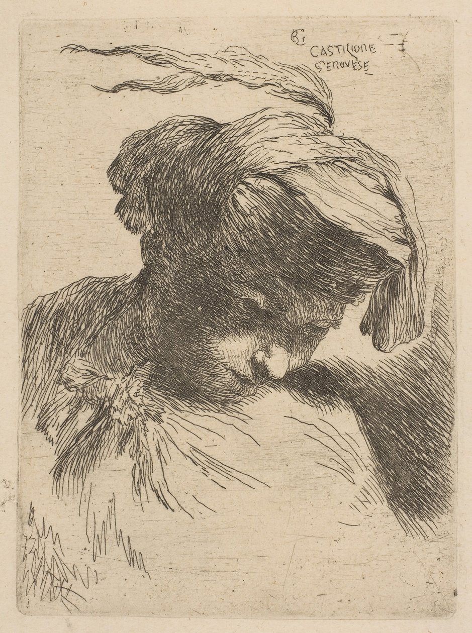 Jonge man kijkt naar beneden naar rechts, uit de serie Kleine Hoofden in Oosterse Hoofddeksels, ca. 1645-50 door Giovanni Benedetto Castiglione