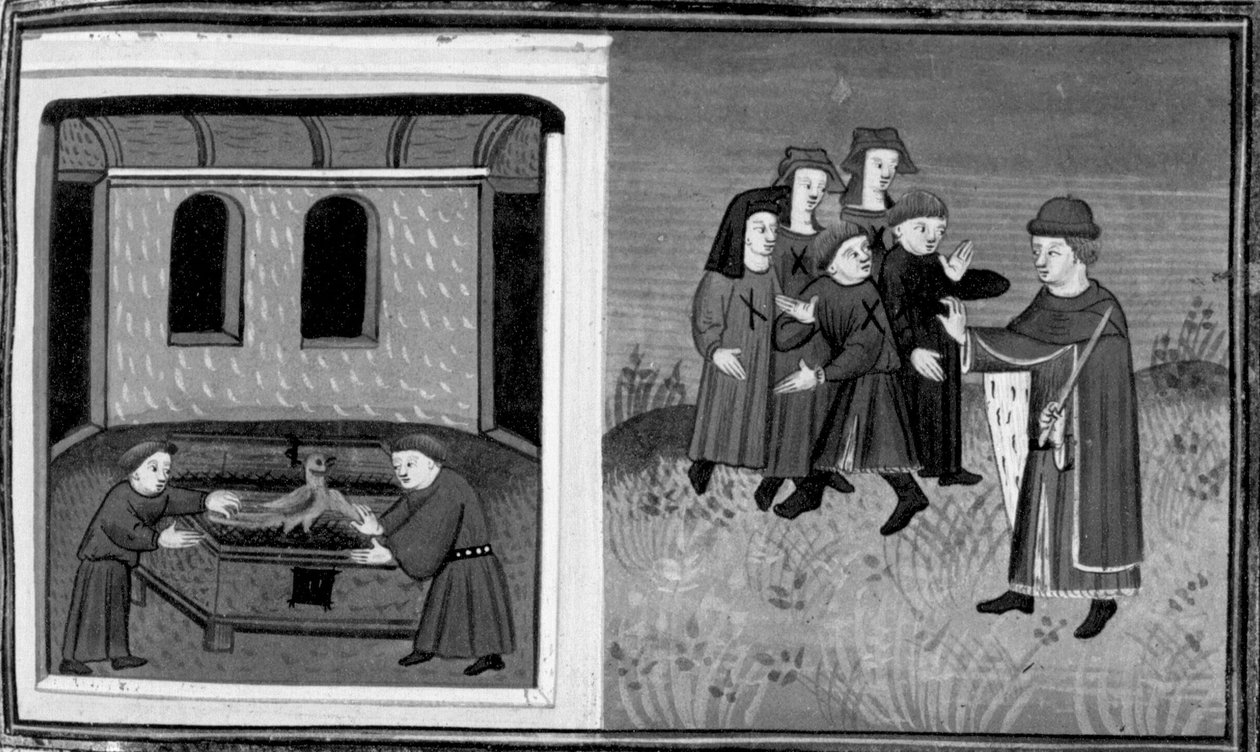 Decameron, Giovanni del Bragoniera en Biagio Pizzini stelen het relikwie van broeder Ciboule; de broeder markeert de kleren van de dorpelingen met de kolen. Dag zes, nieuwsbericht 10 door Giovanni Boccaccio