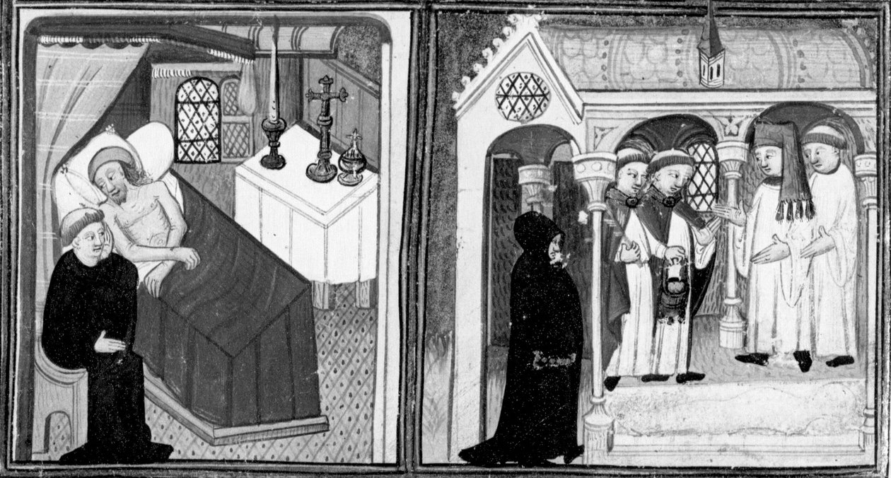 Decameron,De biecht van de stervende Ciappelletto; de gelovigen worden uitgenodigd tot devotie. Eerste dag, kort verhaal 1. door Giovanni Boccaccio