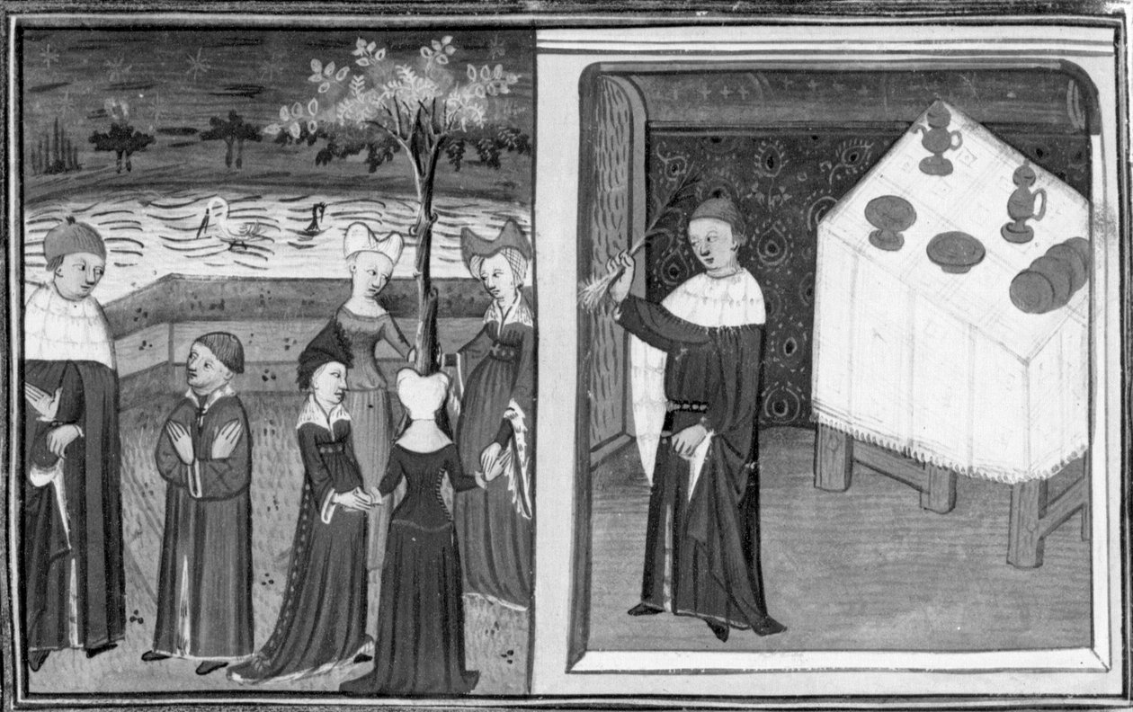 Decameron, Alberto de Bologna ziet Margherita dansen; Alberto legt de aard van zijn liefde uit aan de hand van het voorbeeld van de prei. Eerste dag, kort verhaal 10 door Giovanni Boccaccio