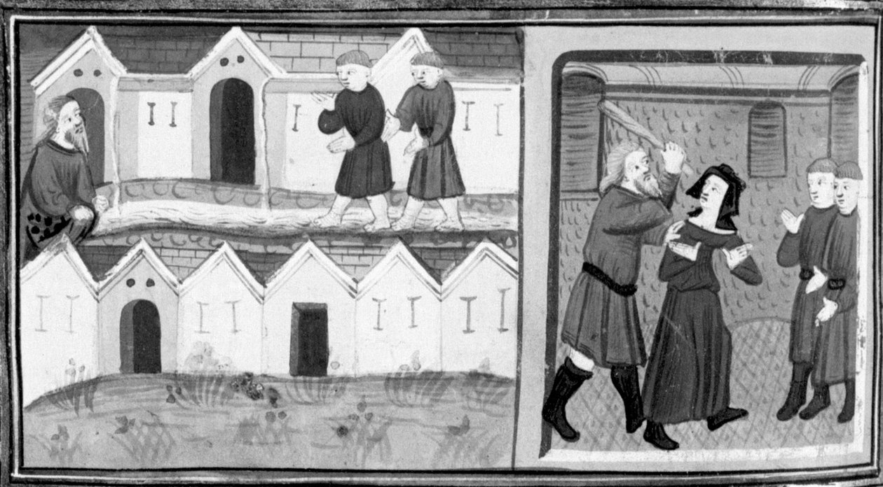 Decameron, Calandrino en zijn vrienden zoeken de helikopter in de Mugnon; Calandrino slaat zijn vrouw. Achtste dag, kort verhaal 1 door Giovanni Boccaccio