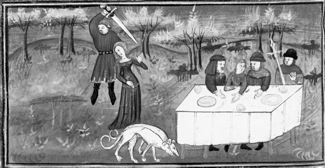 Decameron, Mannen bij een banket kijken toe hoe een ridder een jong meisje aanvalt. Vijfde dag, kort verhaal 8 door Giovanni Boccaccio