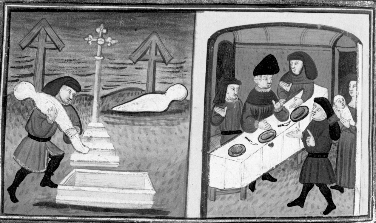 Decameron, Gentile Carisendi redt Catalina uit het graf; de man presenteert de vrouw en haar zoon aan de gasten. Tiende dag, kort verhaal 4 door Giovanni Boccaccio