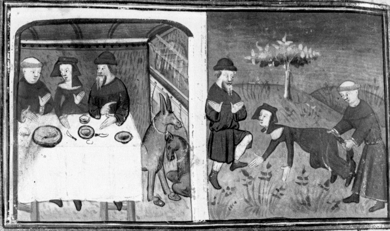 Decameron, Gianni di Barolo zit aan tafel met Pietro da Tresanti en zijn vrouw; Gianni probeert de staart van de vrouw vast te binden. Dag negen, kort verhaal 10 door Giovanni Boccaccio