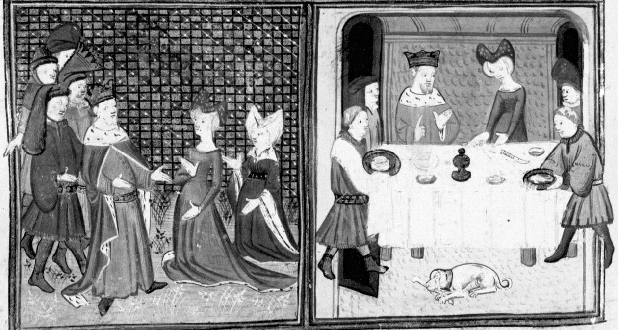 Decameron, De markiezin van Montferrat ontvangt Filips de eenogige; de edelen zitten aan een banket. Eerste dag, nieuwe 5. door Giovanni Boccaccio