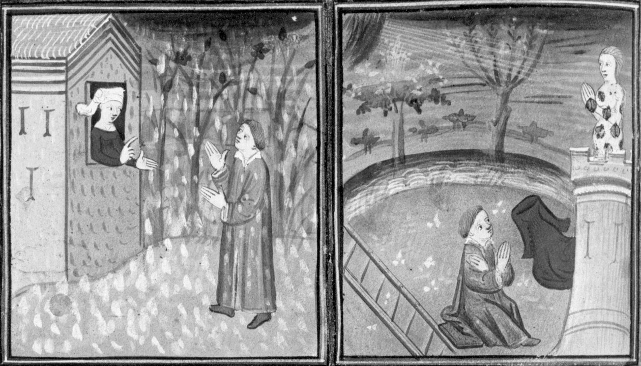 Decameron, De weduwe Elena sluit Rinieri buiten; de man laat de vrouw naakt achter op de top van een toren. Achtste dag, kort verhaal 7 door Giovanni Boccaccio