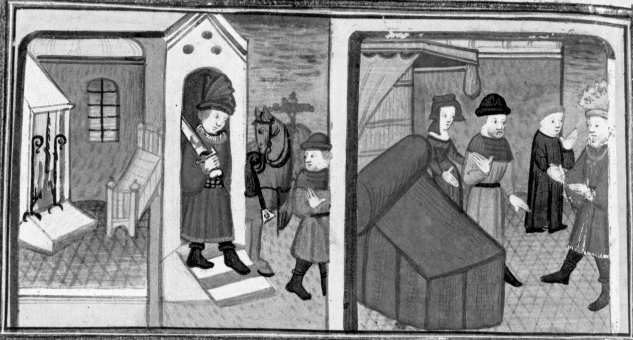 Decameron, De ridder Lambertuccio ontsnapt uit de kamer van Isabella; de man van de vrouw vindt de minnaar in de kamer . Zevende dag, kort verhaal 6 door Giovanni Boccaccio