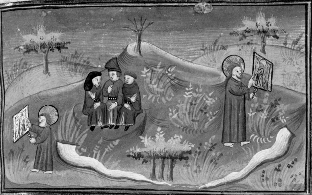 Decameron, Michele Scalza praat met zijn vrienden; God als kind leert tekenen; God als volwassene toont een voltooid plan . Zesde dag, kort verhaal 6 door Giovanni Boccaccio