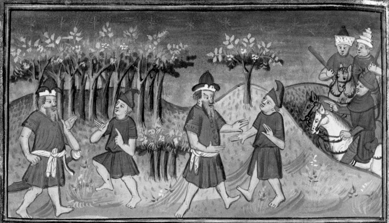 Decameron, Mitridanes ontmoet Natan in het bos; de twee mannen verzoenen zich. Tiende dag, kort verhaal 1 door Giovanni Boccaccio