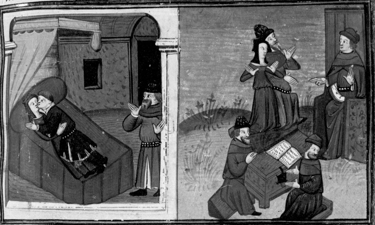 Decameron, Philippa wordt ontdekt door haar man tijdens overspel; de vrouw verdedigt zich voor de rechter . Zesde dag, kort verhaal 7 door Giovanni Boccaccio