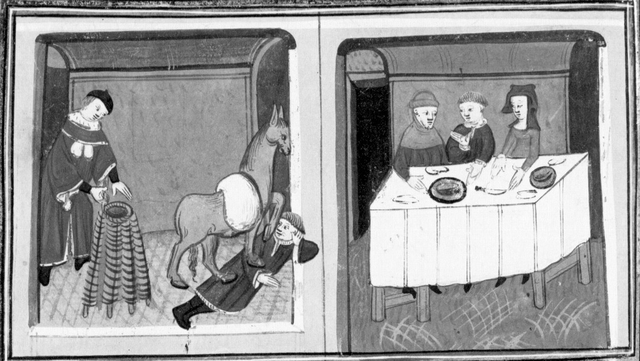 Decameron, Peter van Vinciolo ontdekt de minnaar in de stal; Peter van Vinciolo zit aan tafel met zijn vrouw en haar minnaar. Vijfde dag, kort verhaal 10 door Giovanni Boccaccio