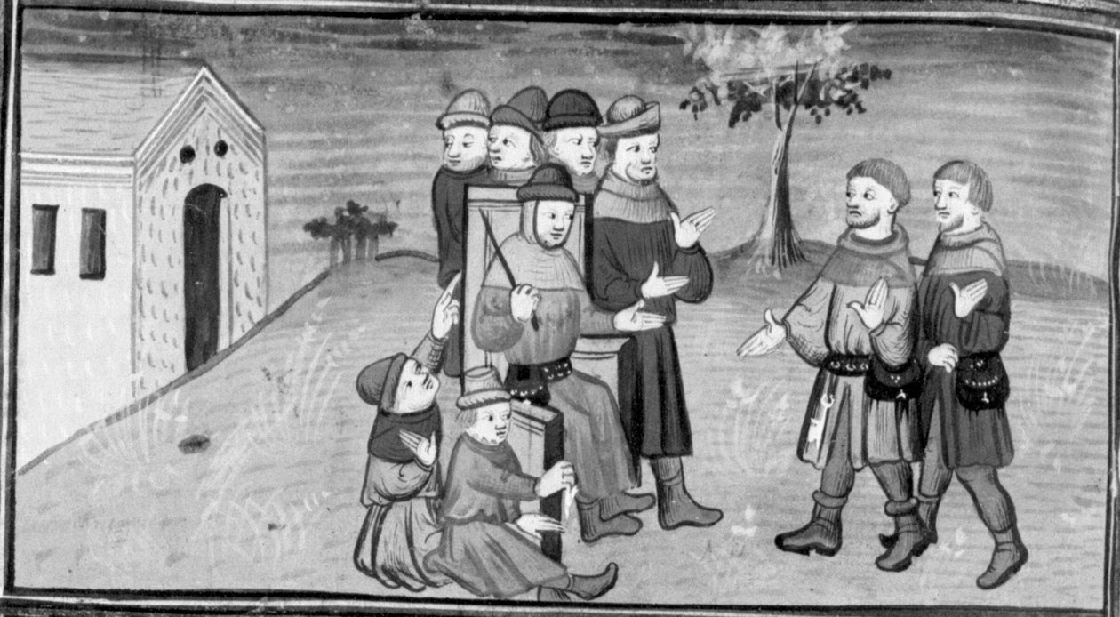 Decameron, Ribi en Maso del Saggio leiden rechter Nicola af terwijl Matteuzzo aan zijn broek trekt. Dag acht, nieuwsbericht 5 door Giovanni Boccaccio