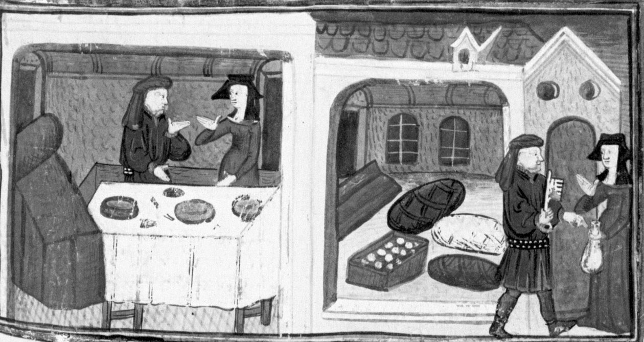 Decameron, Salabaetto zit aan tafel met Iancofiore; Salabaetto laat de sleutel van het pakhuis bij hem afleveren. Dag acht, nieuwsbericht 10 door Giovanni Boccaccio