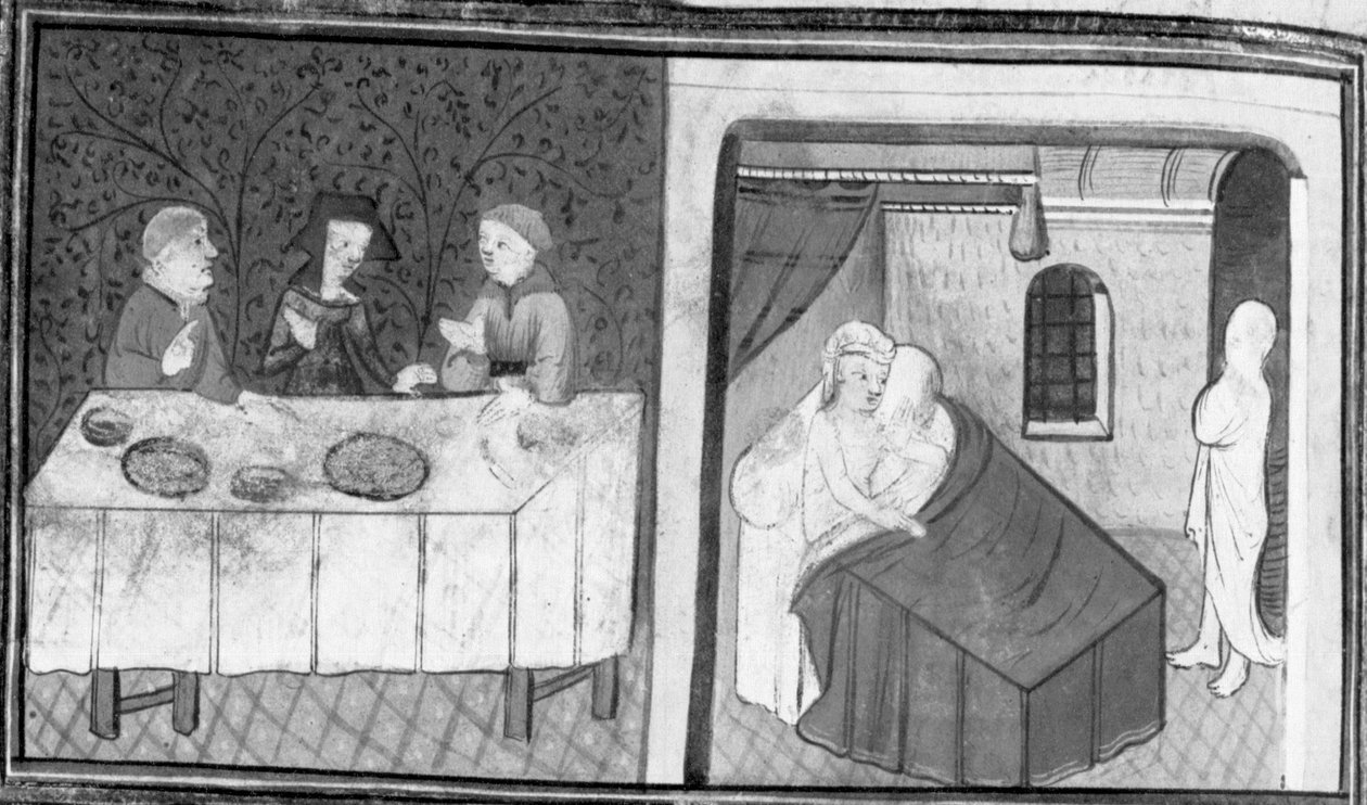 Decameron, Tingoccio en Meuccio zitten aan tafel met Madame Mita; na zijn dood bezoekt Tingoccio Meuccio om hem te vertellen over zijn indrukken van het hiernamaals. Dag 7, kort verhaal 10 door Giovanni Boccaccio