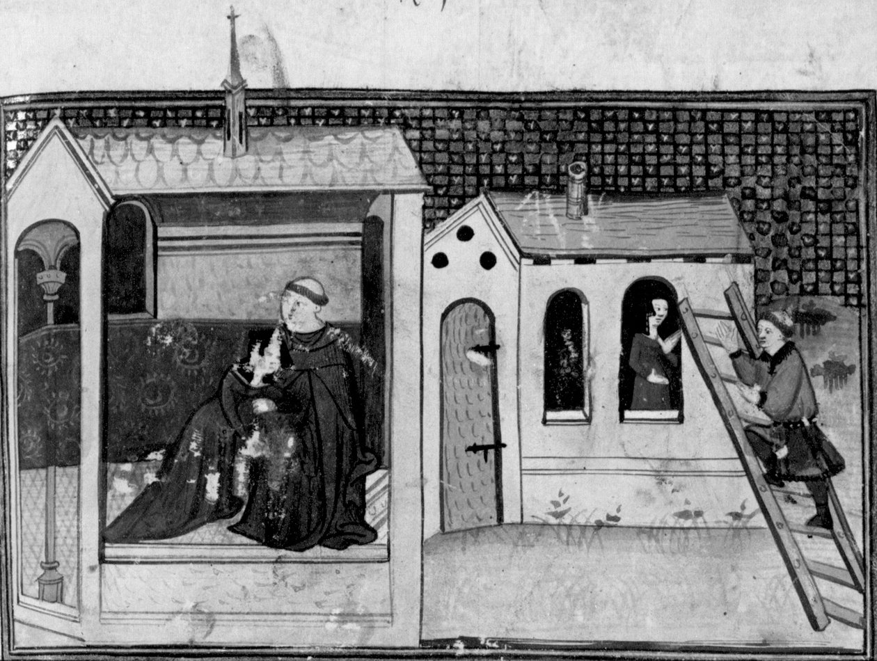 Decameron, Een vrouw gaat naar de kerk om te biechten; een jonge man bezoekt de vrouw. Derde dag, kort verhaal 3 door Giovanni Boccaccio