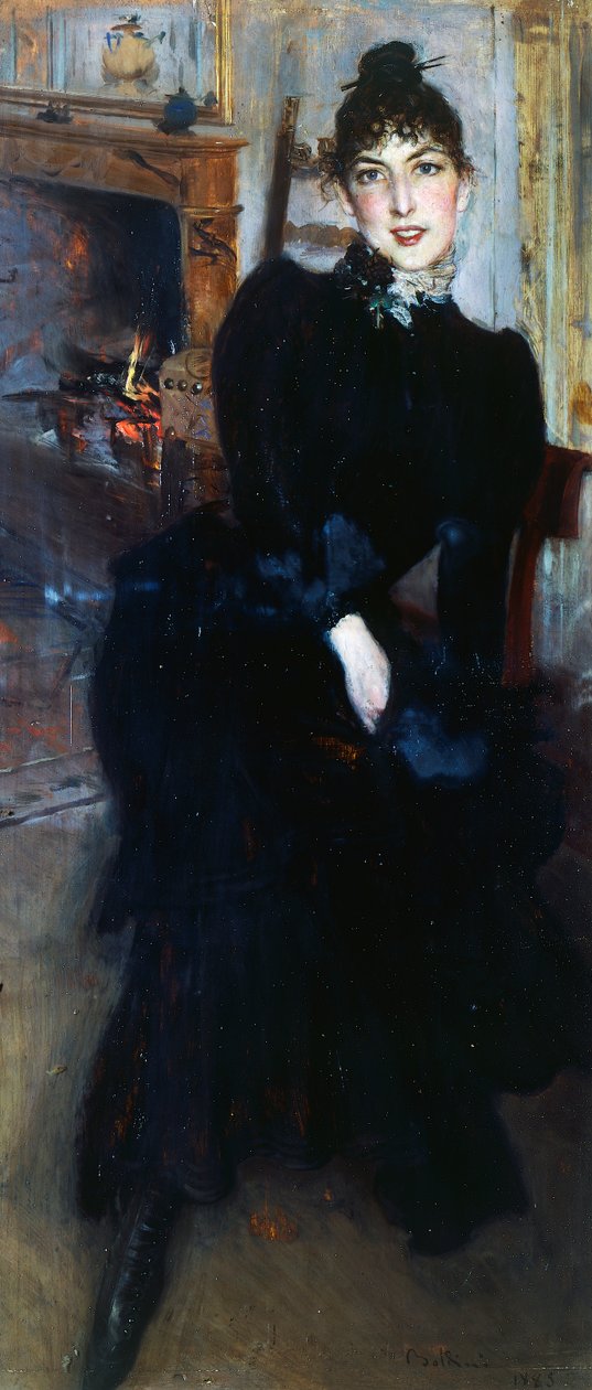 Alaide Banti bij de open haard door Giovanni Boldini