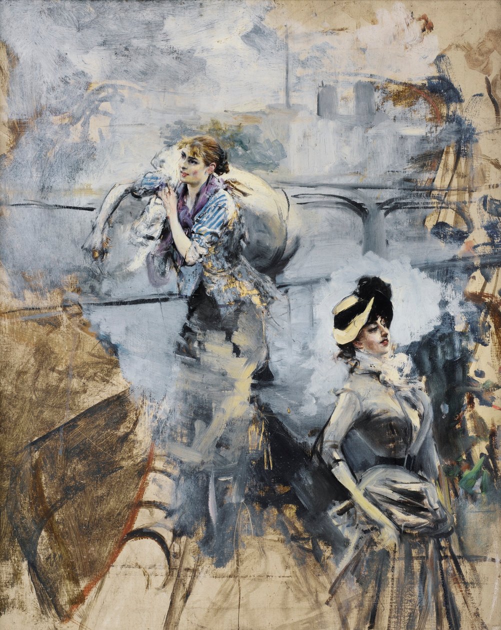 Boldini - WASSERWOMAN AND A YOUNG BRUNETTE BIJ DE SEINE, PARIJS door Giovanni Boldini