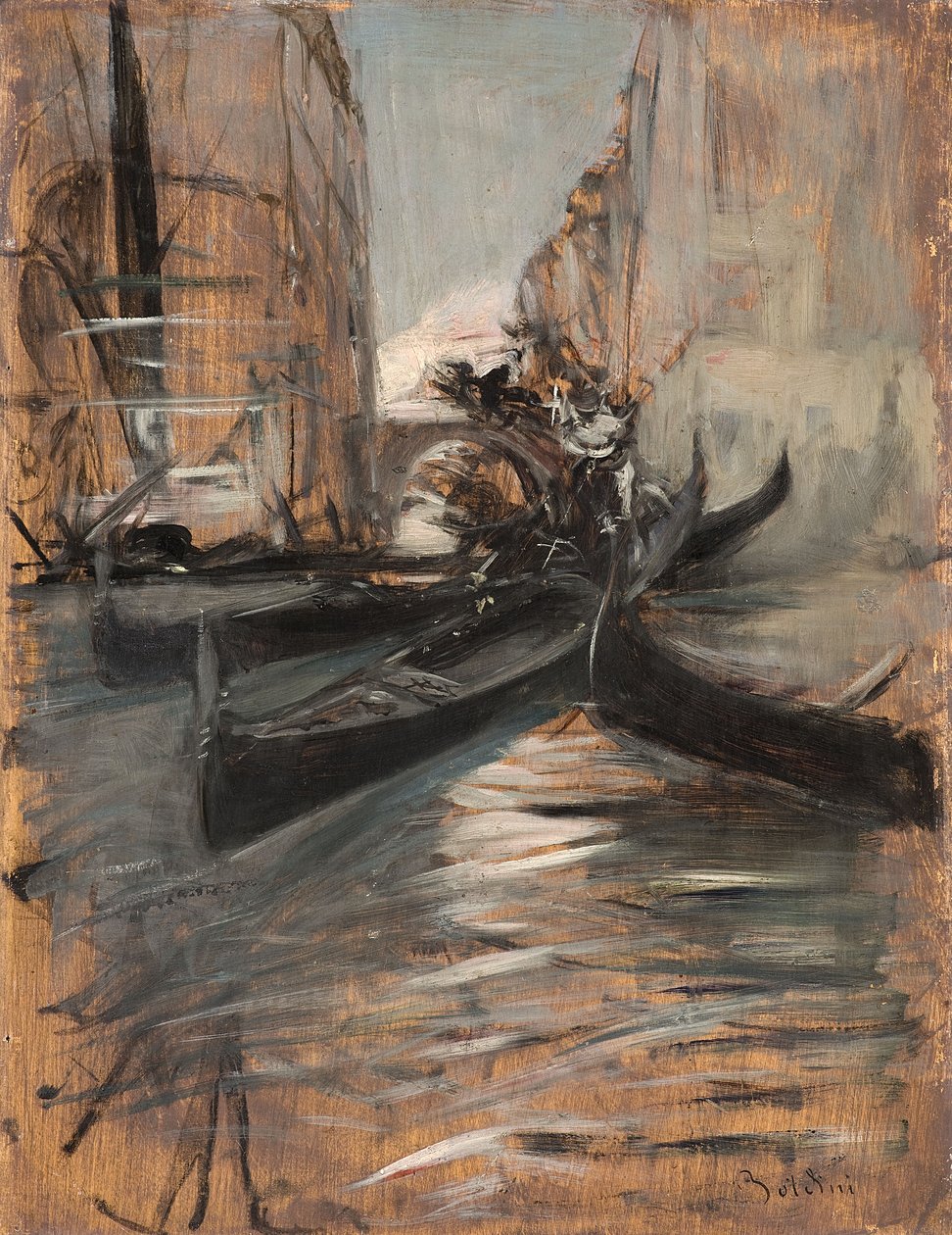 Kanaal met gondels, Venetië, Italië door Giovanni Boldini