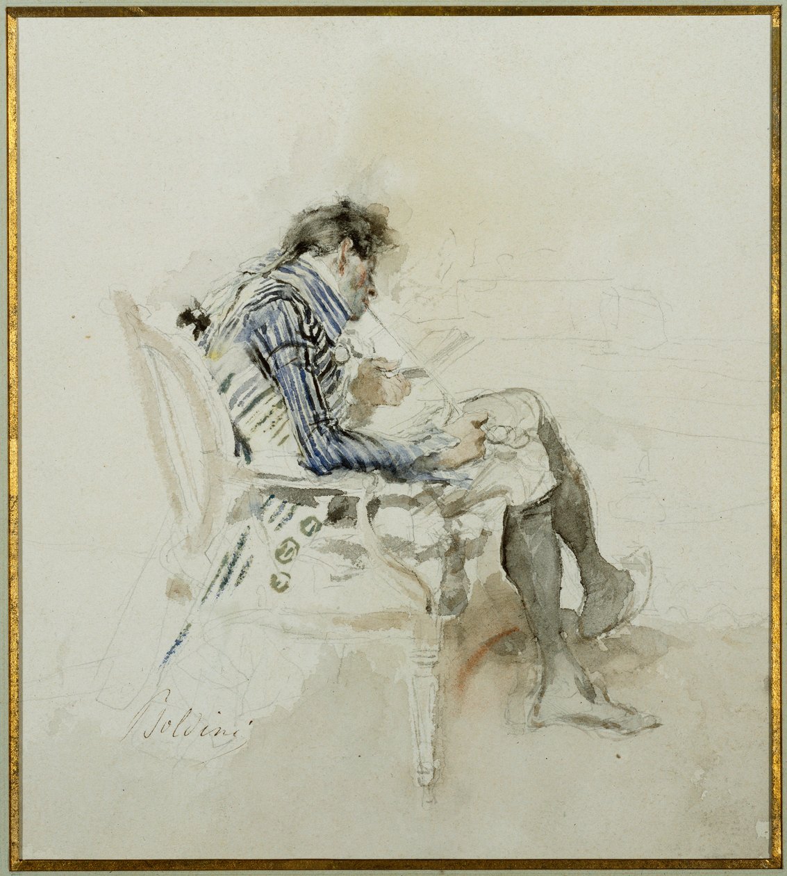 Heer zittend in een Fauteuil die een Boek leest en een Pijp rookt door Giovanni Boldini