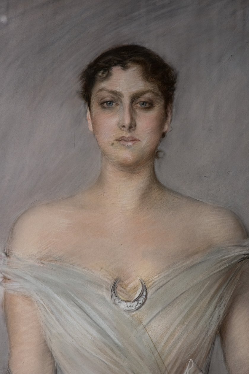 Portret van een Dame in het Wit met Handschoenen en Waaier (detail) door Giovanni Boldini