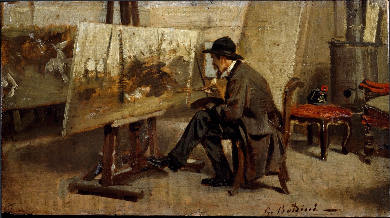 De schilder Giovanni Fattori in zijn atelier Schilderij toegeschreven aan Giovanni Boldini (1842-1931) 1863-1869 Zon. 13x24 cm Milaan privécollectie door Giovanni Boldini