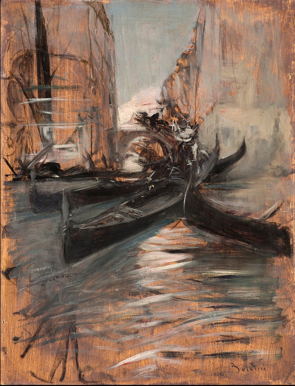 Uitzicht op een kanaal in Venetië met gondels door Giovanni Boldini