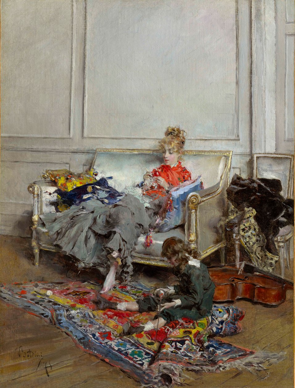 Jonge vrouw die haakt door Giovanni Boldini