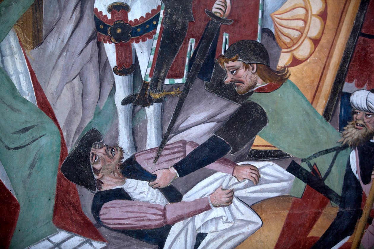 Cyclus van de Passie: de kruisiging, detail (fresco) door Giovanni Canavesio