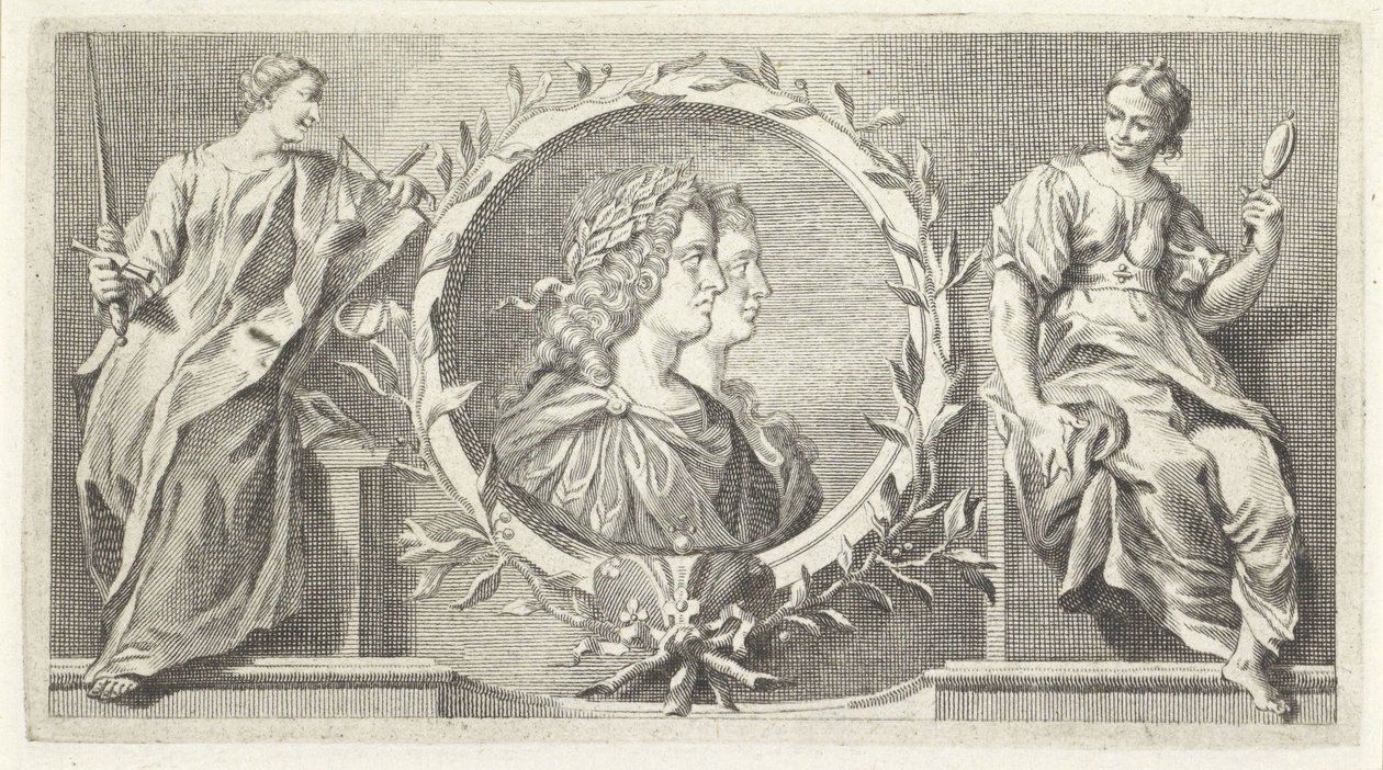 Cartouche met gelauwerde man en vrouw door Giovanni Cattini (attributed to)