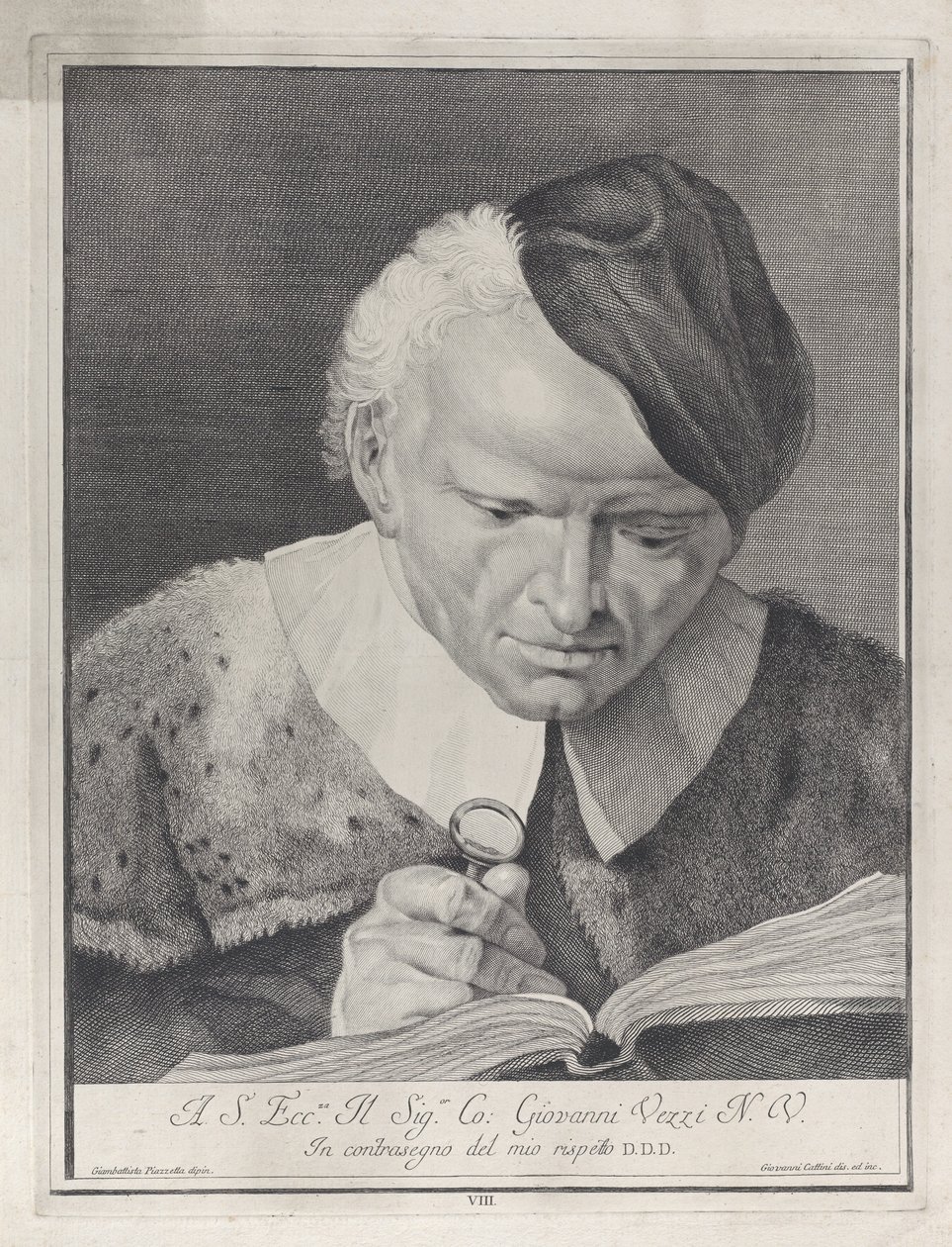 Man met een hoed die een boek leest met een vergrootglas, 1743 door Giovanni Cattini