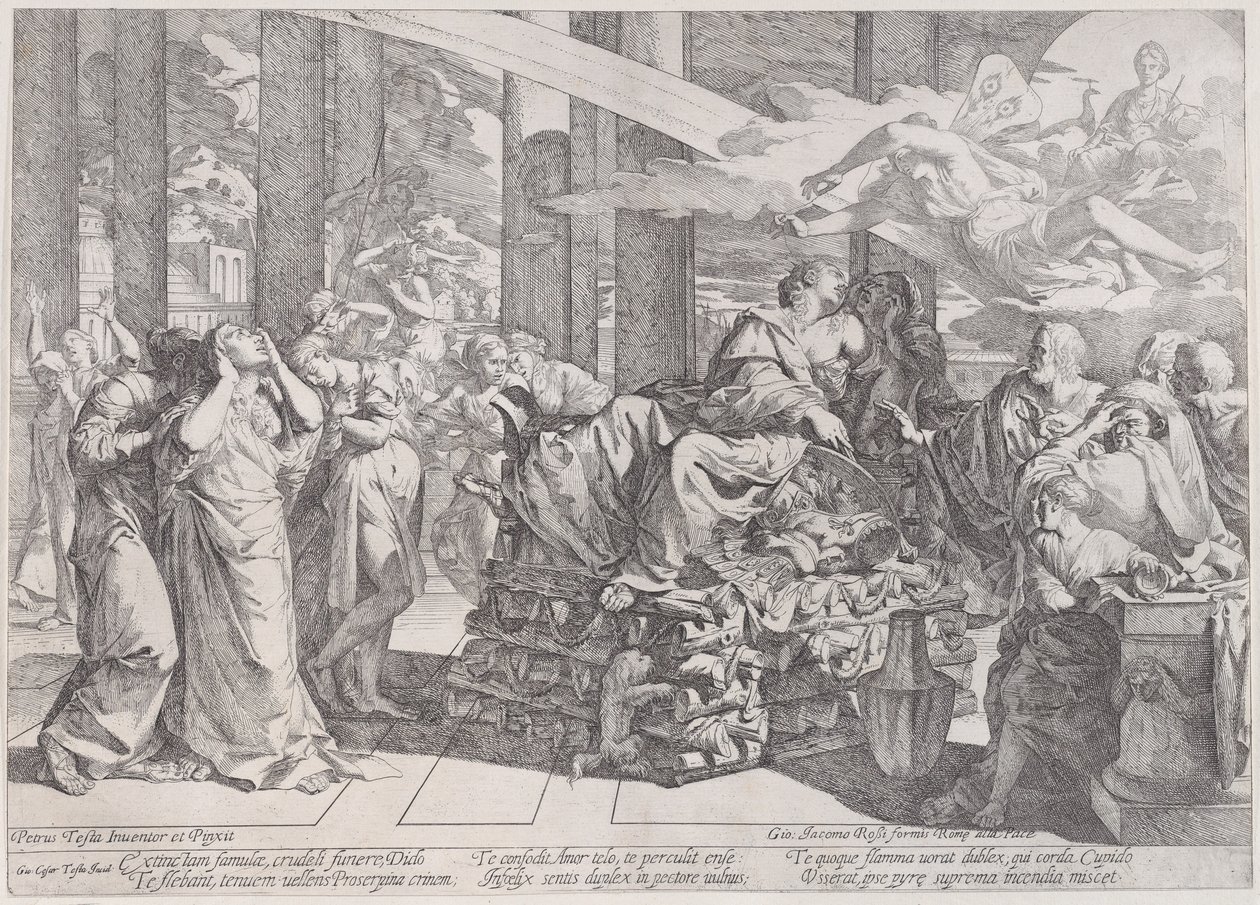 De Zelfmoord van Dido die op een brandstapel ligt in het midden, omringd door vele figuren, 1650-55 door Giovanni Cesare Testa